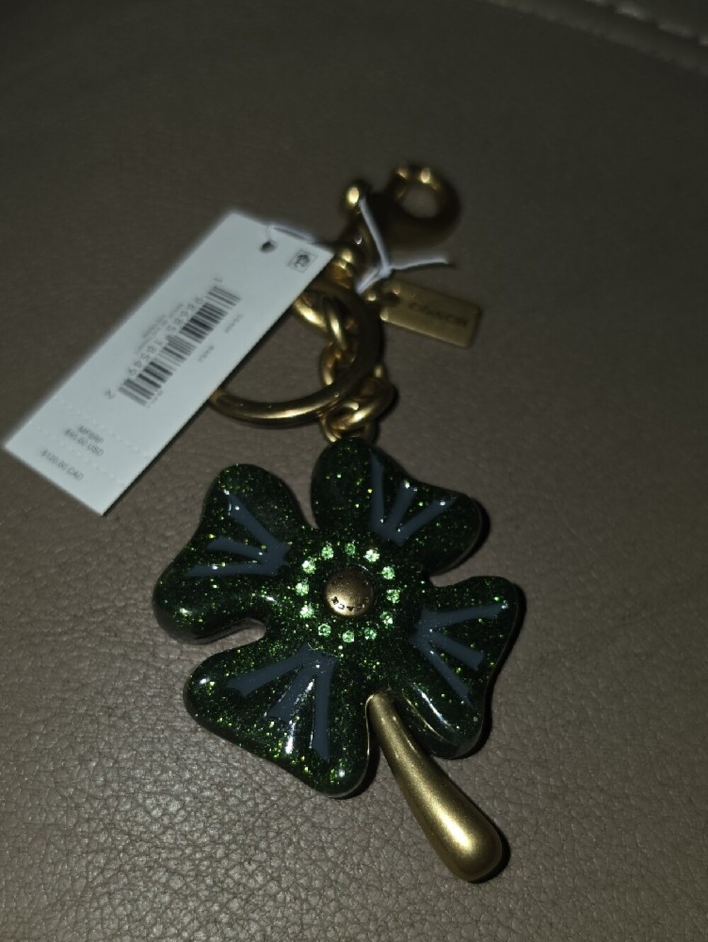 Coach Green Sparkle Four-Leaf Clover Keyring with Gold Hardware - Picture 5 of 5